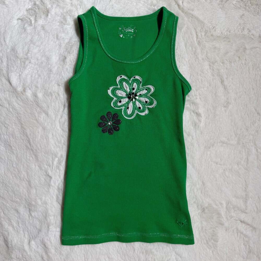 Justice Girls Green Ribbed Tank Top with Floral Applique Size 10